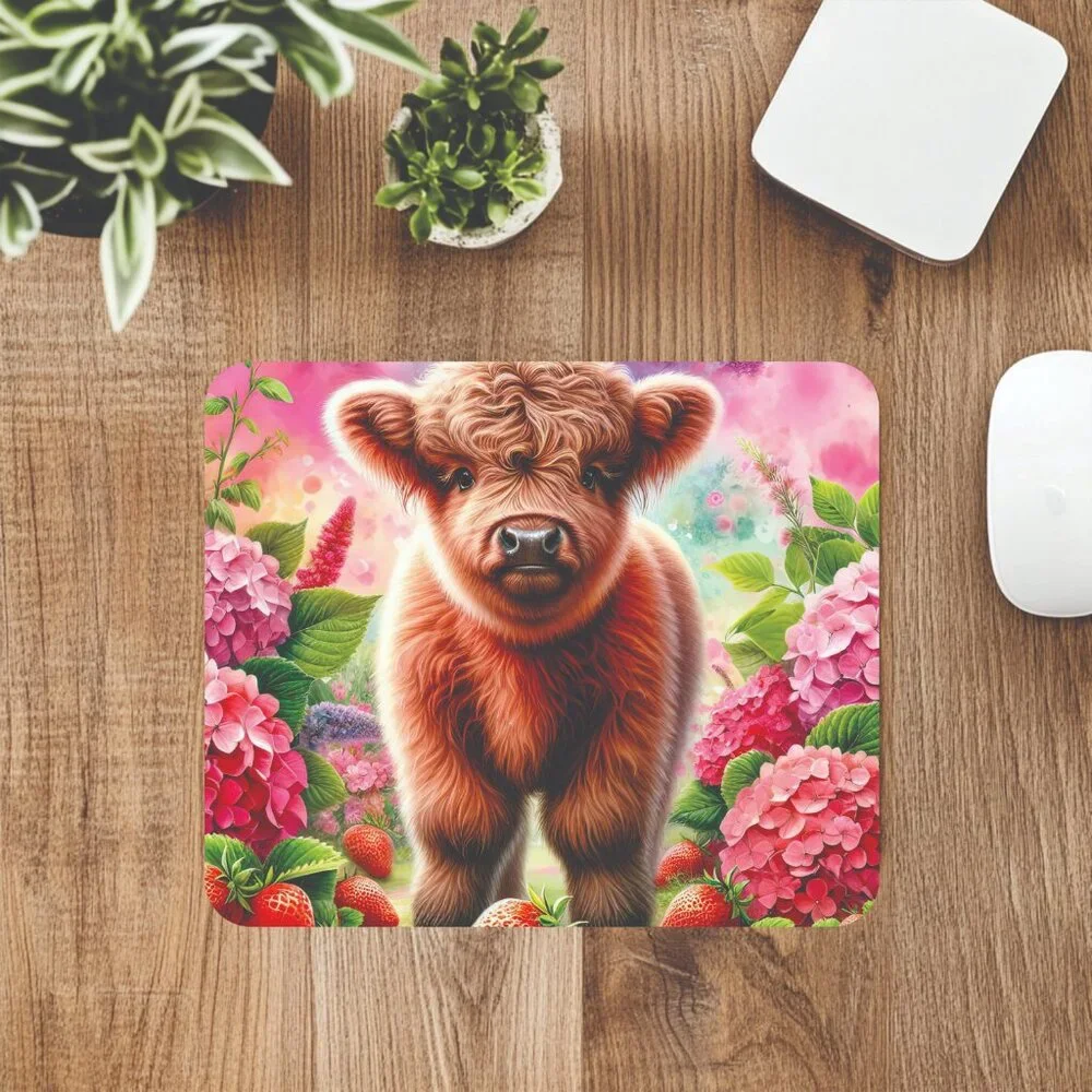 Adorable Highland Cow Calf Computer Mousepad Office Decor Desk Mat Handmade
